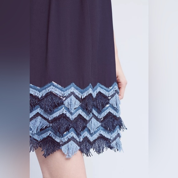 Maeve Anthropologie Size 12 Festivity Swing Dress Navy Blue Fringe Sleeveless - Picture 2 of 11